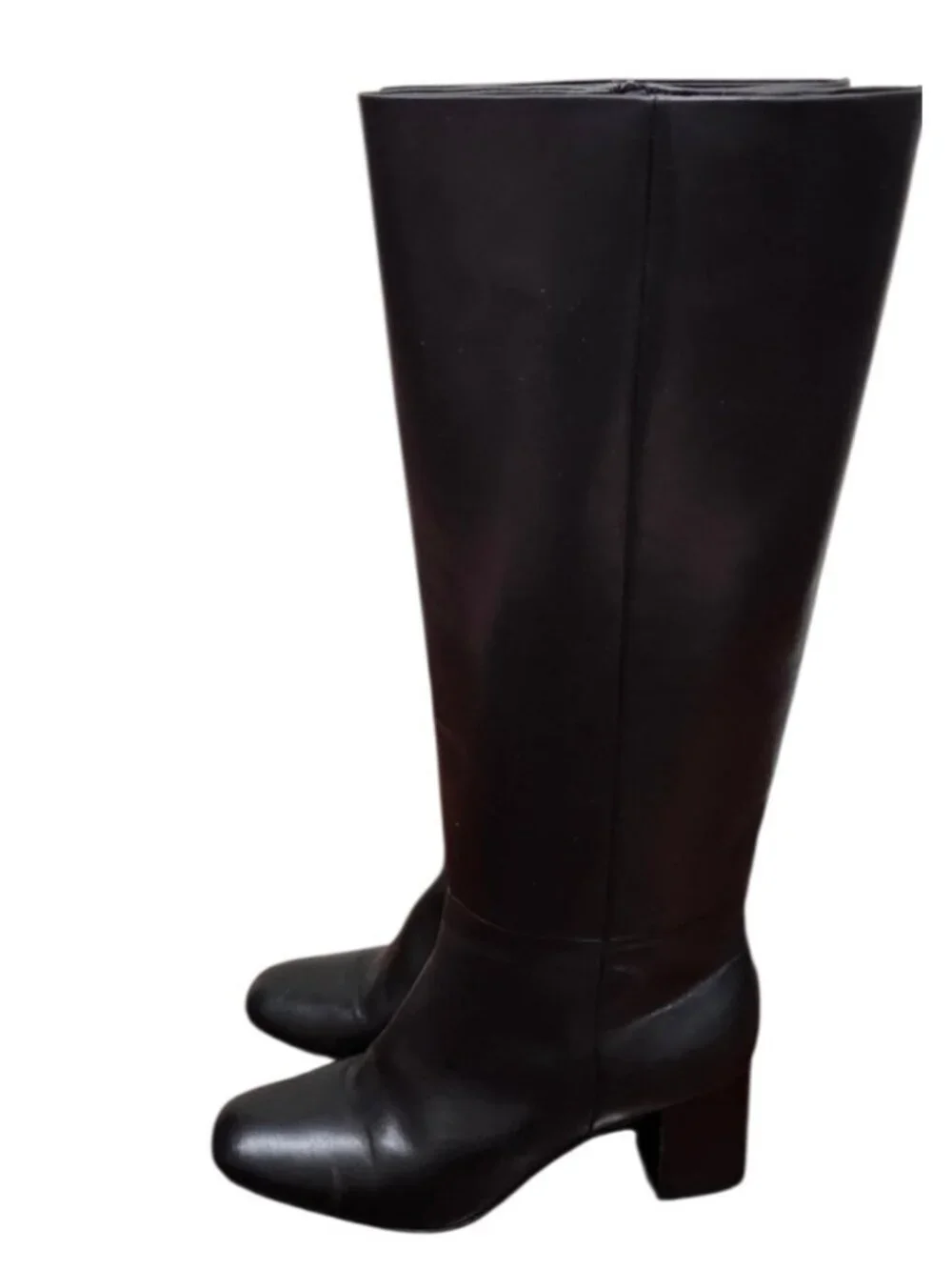 Paige Black Leather Knee High Boots Block Heel Minimalist Tall Zip Riding Boots